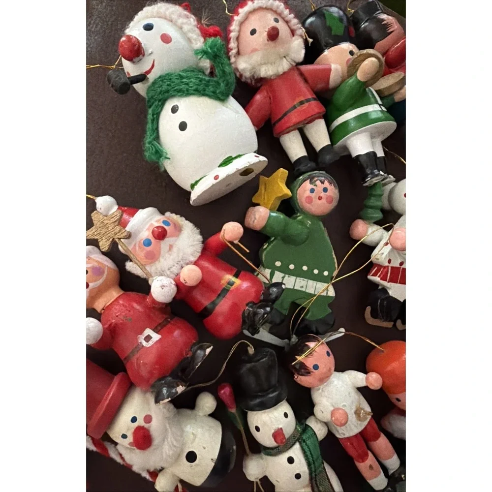 VTG Small Wooden Christmas Ornaments Lot Of 16 Santa, Snowman, Mrs. Santa, Skate